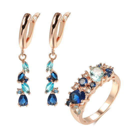 Romantic Vintage New Blue Natural Zircon Long Earrings Ring Sets for Women Trendy 585 Rose Gold Ring  Jewelry Sets