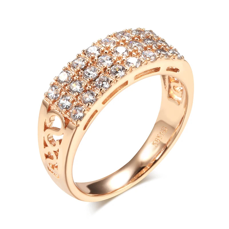 New 585 Rose Gold Ring Women Three Rows Micro-Wax Inlay Natural Zircon Hollow Trendy Rings Fine Wedding Party Jewelry 