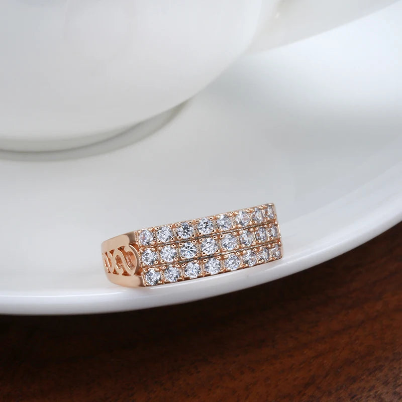 New 585 Rose Gold Ring Women Three Rows Micro-Wax Inlay Natural Zircon Hollow Trendy Rings Fine Wedding Party Jewelry 