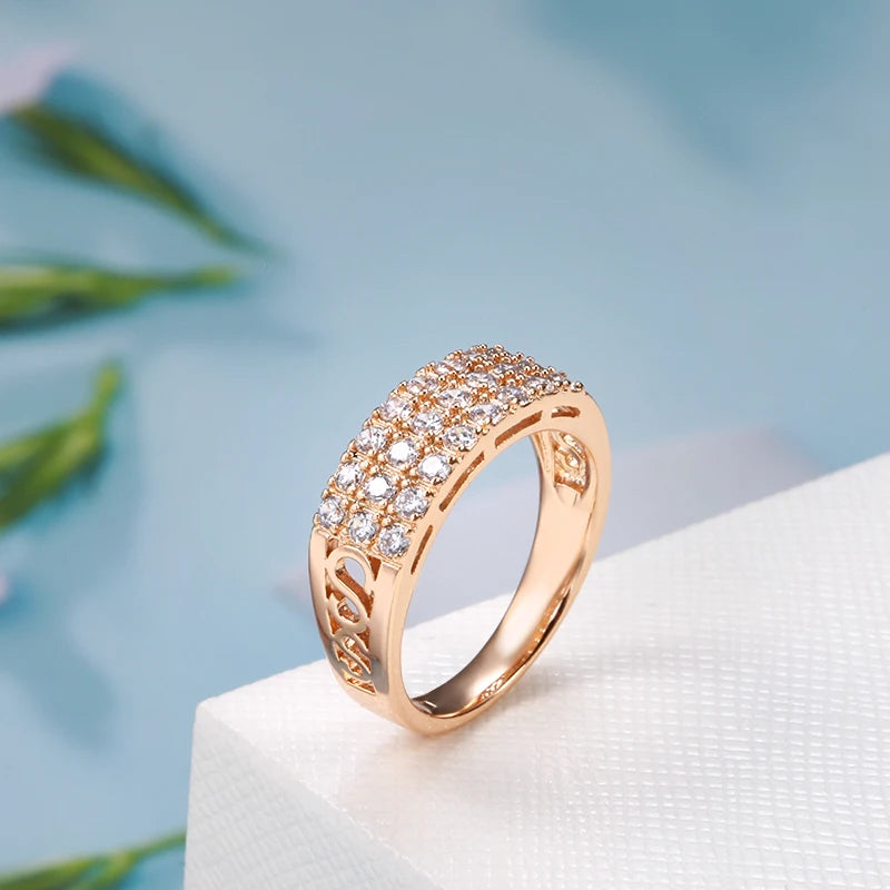 New 585 Rose Gold Ring Women Three Rows Micro-Wax Inlay Natural Zircon Hollow Trendy Rings Fine Wedding Party Jewelry 