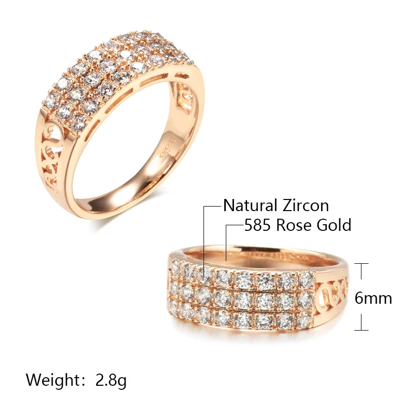 New 585 Rose Gold Ring Women Three Rows Micro-Wax Inlay Natural Zircon Hollow Trendy Rings Fine Wedding Party Jewelry 