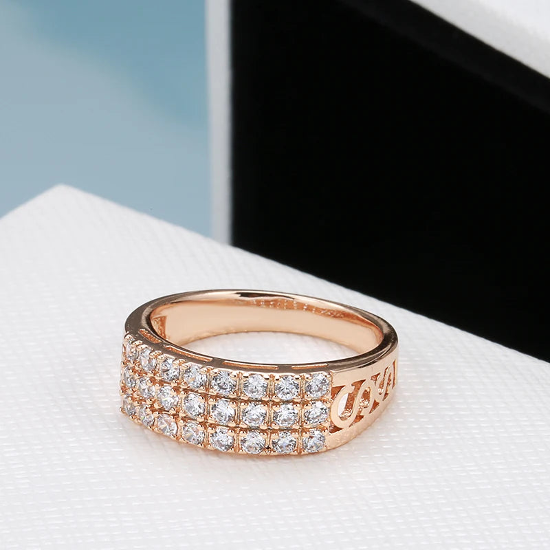 New 585 Rose Gold Ring Women Three Rows Micro-Wax Inlay Natural Zircon Hollow Trendy Rings Fine Wedding Party Jewelry 