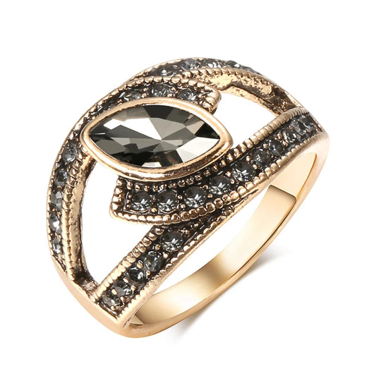 Boho Ethnic Bride Wedding Crystal Ring Antique Gold Color Big Zircon Stone Rings for Women Vintage Wedding Jewelry