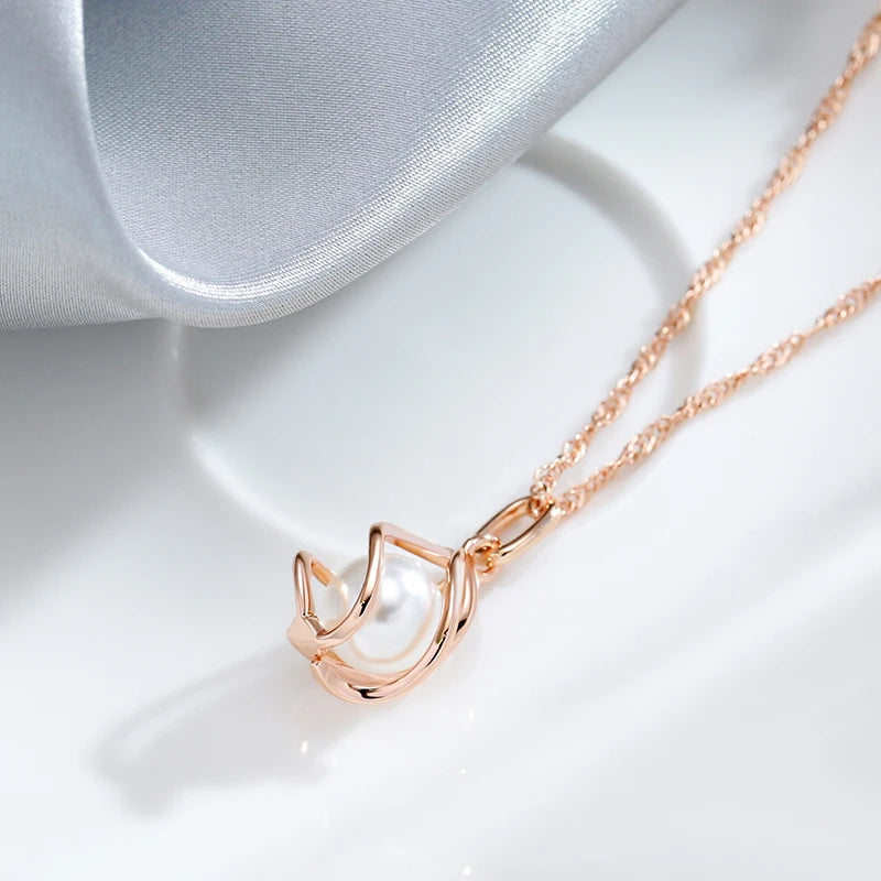 Luxury 585 Rose Gold Pendant Necklace for Women Unique Geometric Hollow Pearl Bridal Wedding Jewelry Daily Wear Gift