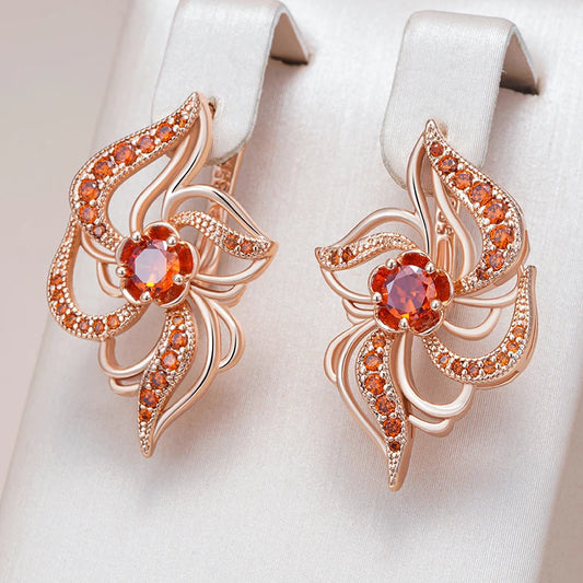 FLAMES Red Natural Zircon Crystal Flower Earrings for Women Fashion 585 Rose Gold Color Daily Fine Jewelry