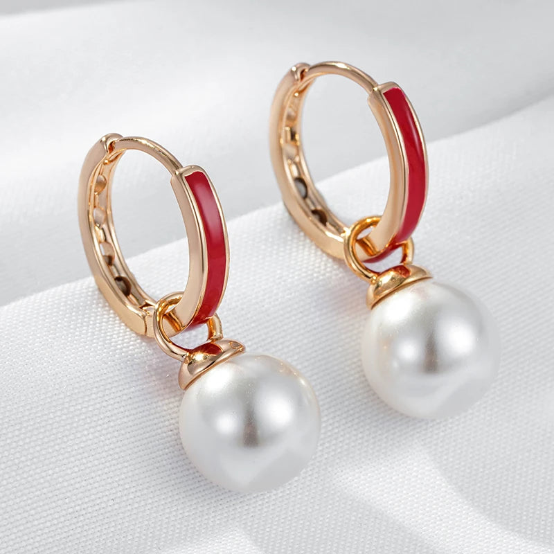 Hot Red Enamel Drop Earrings for Women Unique Geometric 585 Rose Gold Color Pearl Accessories Daily Fine Jewelry Gift