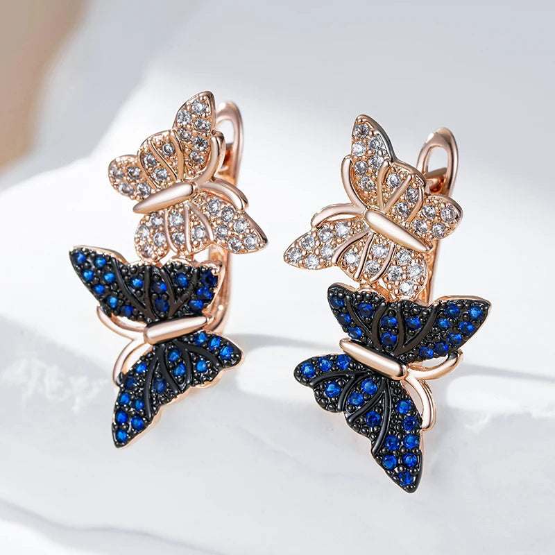 Hot Blue Natural Zircon Two Butterfly Drop Earrings for Women 585 Rose Gold and Black Plating Animal Daily Punk Jewelry