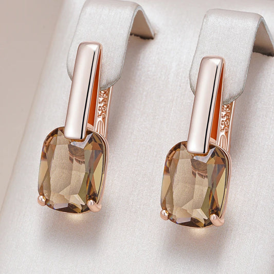 Square Brown Natural Zircon Drop Earrings for Women Fashion 585 Rose Gold Color High Quality Bride Wedding Jewelry