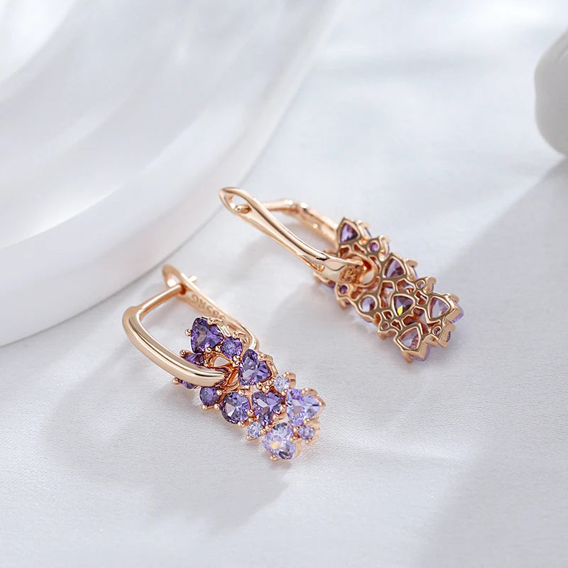 Hot Shiny Purple Natural Zircon Drop Earrings for Women Trend 585 Rose Gold Color Bride Wedding Fine Jewelry Crystal Gift
