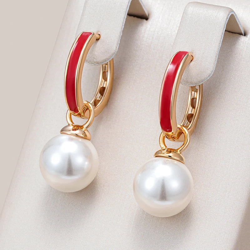 Hot Red Enamel Drop Earrings for Women Unique Geometric 585 Rose Gold Color Pearl Accessories Daily Fine Jewelry Gift