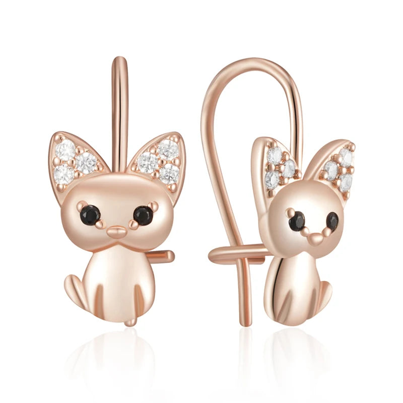 Little Cat Earrings for Girls 585 Rose Gold Color Natural Zircon Accessories Children Baby Xmas Gifts Animal Jewelry