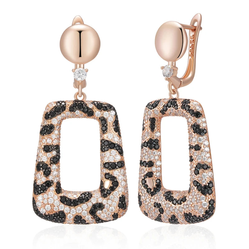 Shiny Natural Zircon Leopard Print Drop Earrings for Women Unique 585 Rose Gold and Black Plating Vintage Daily Jewelry