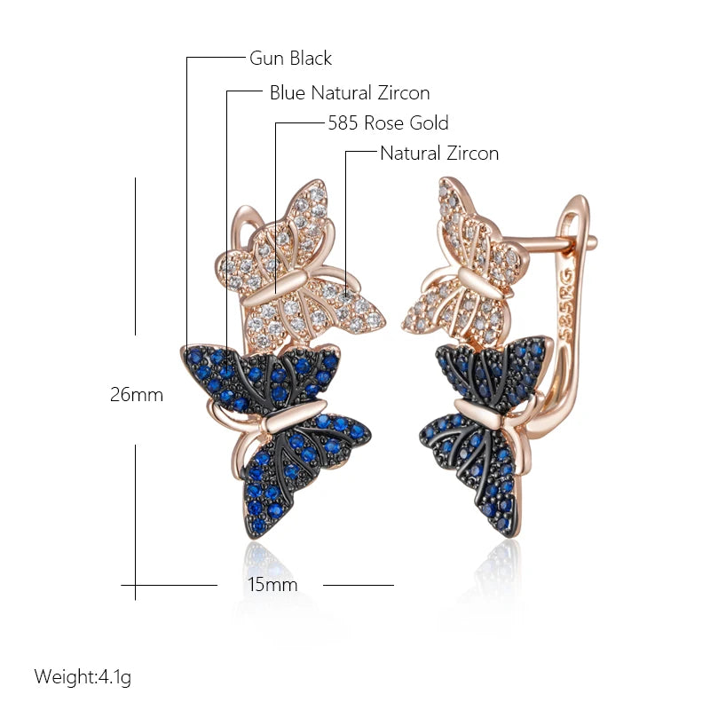Hot Blue Natural Zircon Two Butterfly Drop Earrings for Women 585 Rose Gold and Black Plating Animal Daily Punk Jewelry