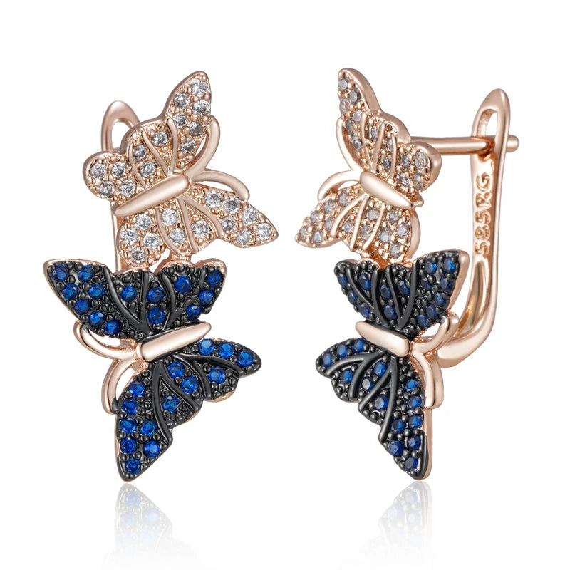 Hot Blue Natural Zircon Two Butterfly Drop Earrings for Women 585 Rose Gold and Black Plating Animal Daily Punk Jewelry