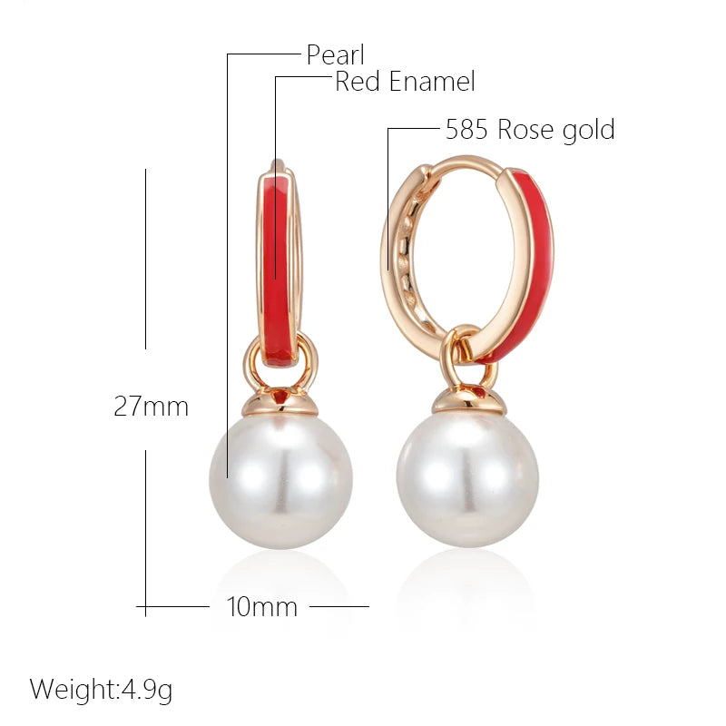 Hot Red Enamel Drop Earrings for Women Unique Geometric 585 Rose Gold Color Pearl Accessories Daily Fine Jewelry Gift