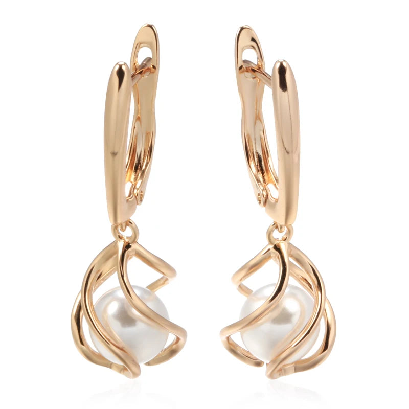 Luxury 585 Rose Gold Drop Earrings for Women Unique Geometric Hollow Pearl Bridal Earrings Wedding Jewelry 2022 New