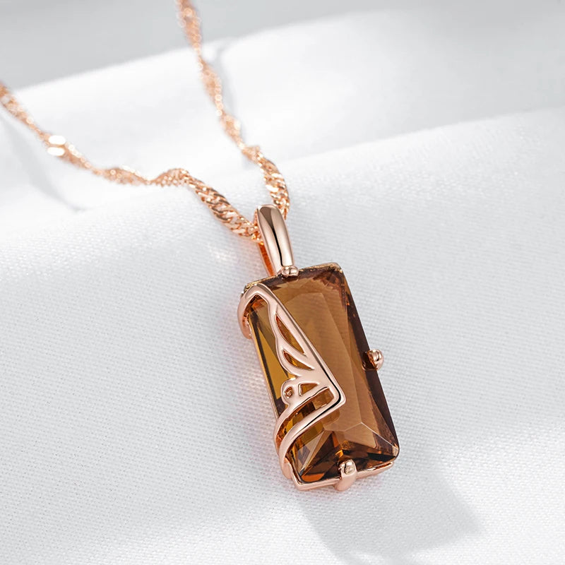 Fashion Light Brown Natural Zircon Pendant Necklace for Women Simple Square 585 Rose Gold Color High Quality Daily Jewelry