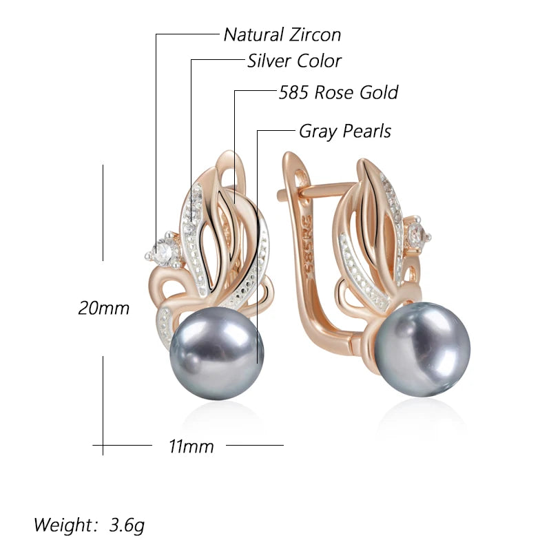 Hot Natural Zircon Flower Gray Pearl Drop Earrings for Women 585 Rose Gold Silver Color Mix Boho Ethnic Wedding Jewelry