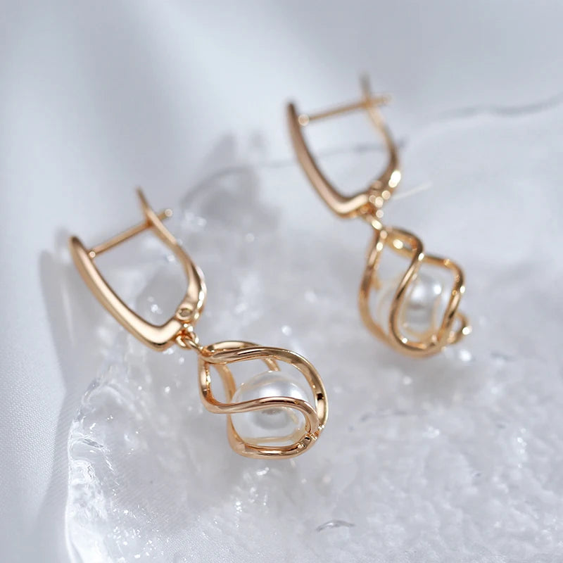 Luxury 585 Rose Gold Drop Earrings for Women Unique Geometric Hollow Pearl Bridal Earrings Wedding Jewelry 2022 New