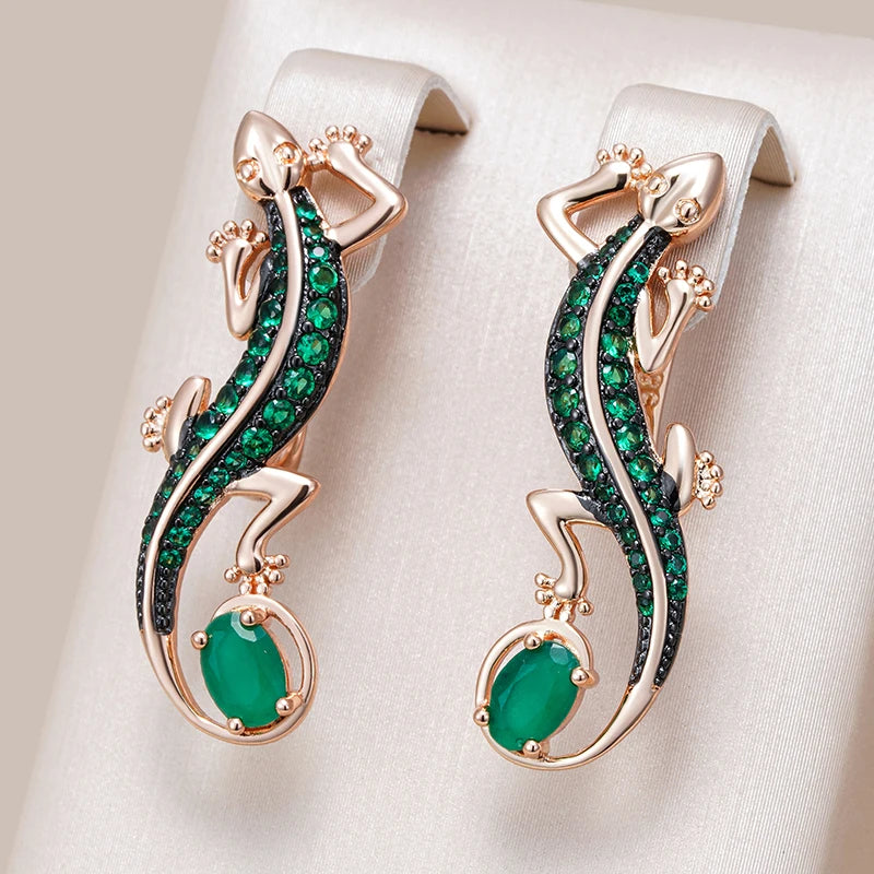 Green Natural Zircon Lizard Drop Earrings for Women 585 Rose Gold and Black Plating Vintage Animal Daily Punk Jewelry