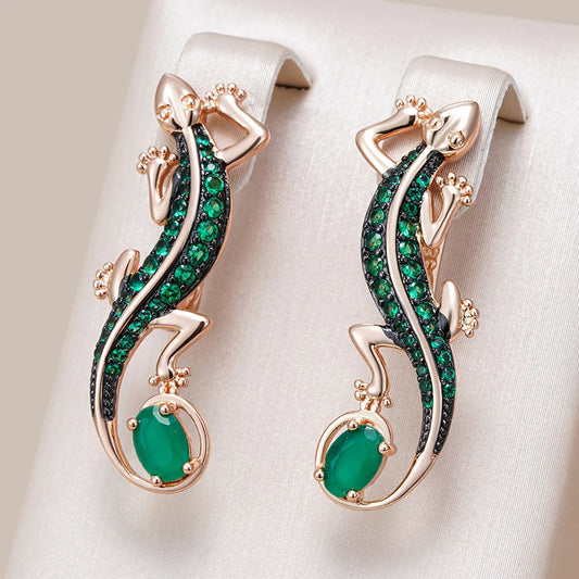 Green Natural Zircon Lizard Drop Earrings for Women 585 Rose Gold and Black Plating Vintage Animal Daily Punk Jewelry