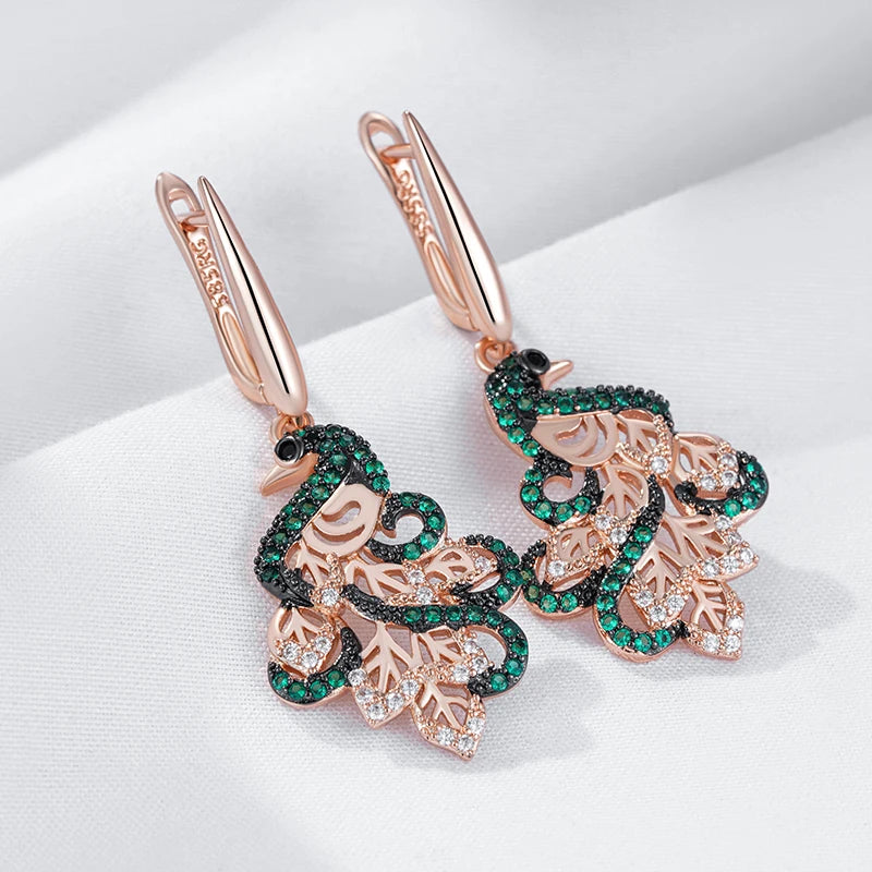 Hot Green Natural Zircon Peacock Drop Earrings for Women 585 Rose Gold and Black Plating Vintage Animal Daily Punk Jewelry