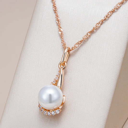 Luxury 585 Rose Gold Color Pendant Necklace for Women Unique Geometric Pearl Pendant Bride Daily Fine Jewelry 2024 New