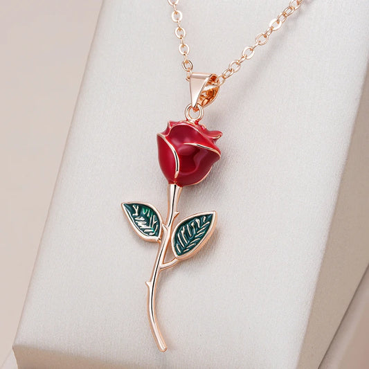 Unique Creative Rose Pendant Necklace for Women Fashion 585 Rose Gold Color with Red Enamel Vintage Daily Fine Jewelry