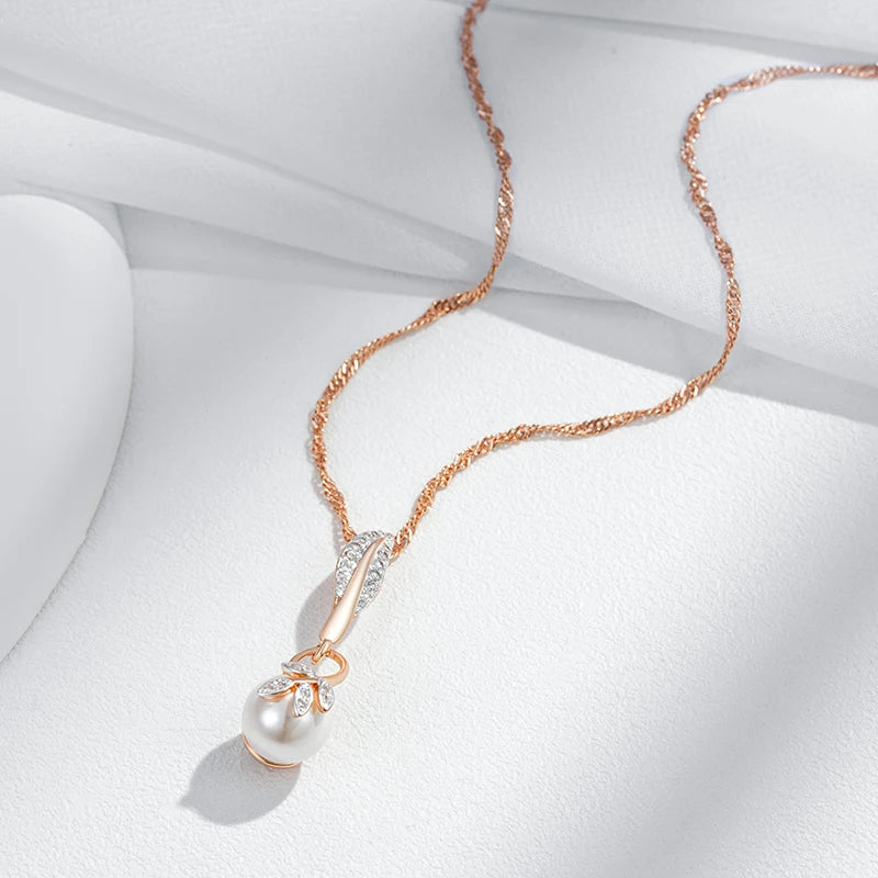 Hot Crystal Flower Pearl Pendant Necklace for Women 585 Rose Gold Silver Color Mix Boho Ethnic Wedding Jewelry Gift