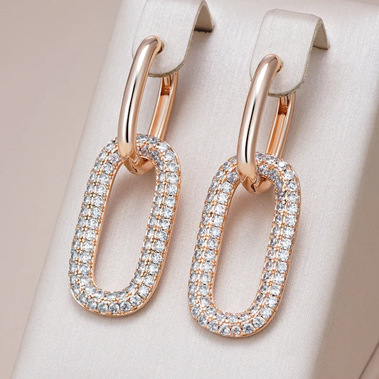 Geometric Oval Rectangle Full Natural Zircon Hoop Earrings for Women 585 Rose Gold Color Daily Fine Elegant Female Jewelry