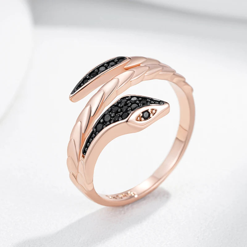 Hot Punk Black Natural Zircon Snake Ring for Women Fine 585 Rose Gold and Black Plating Vintage Daily Animal Jewelry