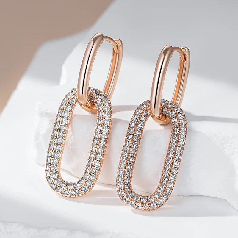 Geometric Oval Rectangle Full Natural Zircon Hoop Earrings for Women 585 Rose Gold Color Daily Fine Elegant Female Jewelry