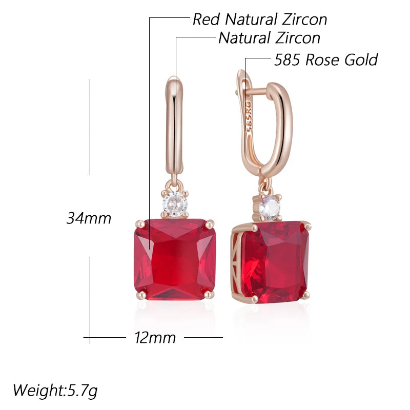 Hot Square Red Natural Zircon Dangle Earrings for Women Trend 585 Rose Gold Color Retro Accessories Daily Fine Jewelry