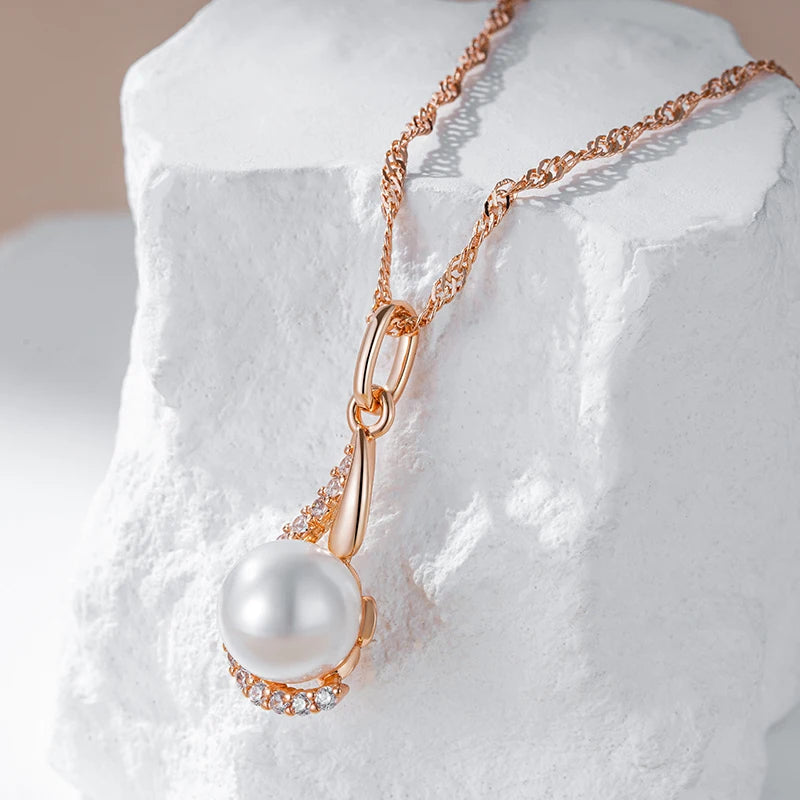 Luxury 585 Rose Gold Color Pendant Necklace for Women Unique Geometric Pearl Pendant Bride Daily Fine Jewelry 2024 New