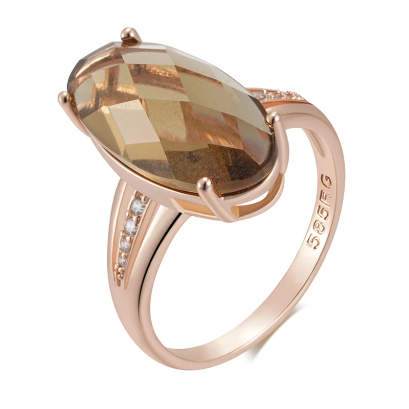 Fashion Big Oval Light Brown Natural Zircon Ring for Women Simple 585 Rose Gold Color High Quality Bride Wedding Jewelry