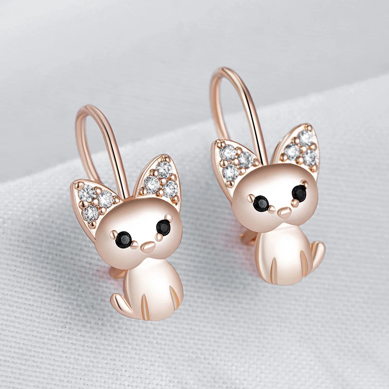 Little Cat Earrings for Girls 585 Rose Gold Color Natural Zircon Accessories Children Baby Xmas Gifts Animal Jewelry