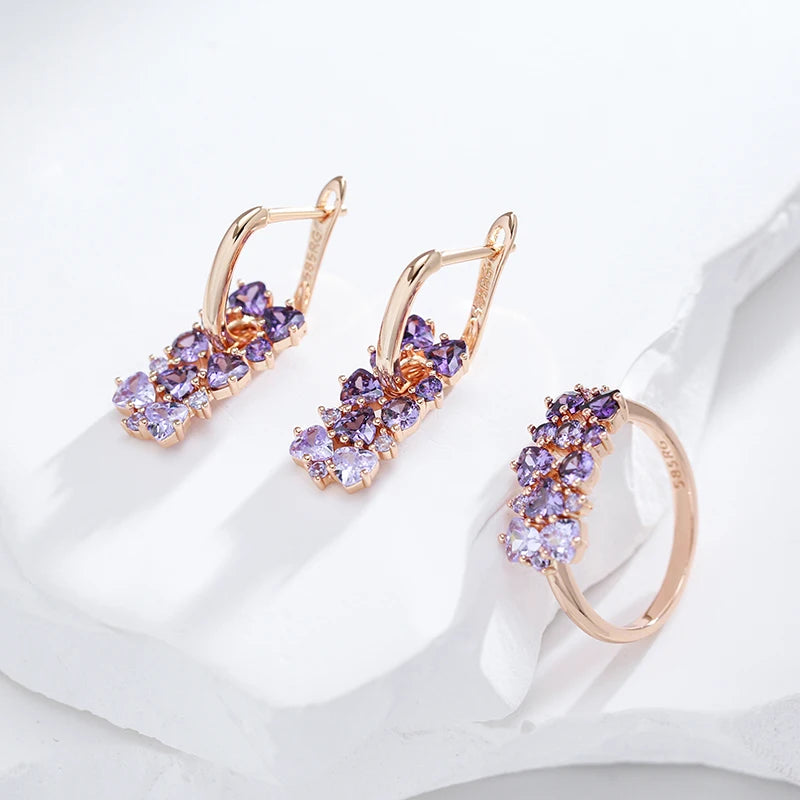 Hot Shiny Purple Natural Zircon Drop Earrings for Women Trend 585 Rose Gold Color Bride Wedding Fine Jewelry Crystal Gift