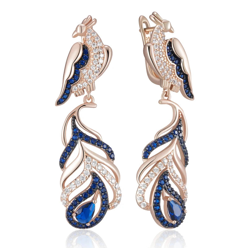 Hot Blue Natural Zircon Peacock Drop Earrings for Women 585 Rose Gold and Black Plating Vintage Animal Daily Punk Jewelry