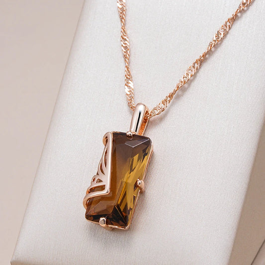Fashion Light Brown Natural Zircon Pendant Necklace for Women Simple Square 585 Rose Gold Color High Quality Daily Jewelry