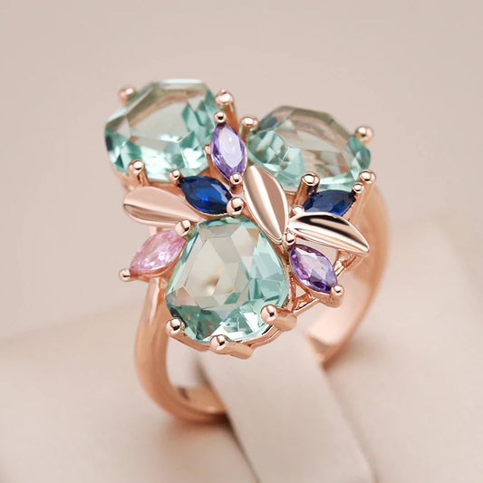 Fashion Unique Green Stone Big Ring for Women Mosaic Rhombus Natural Zircon 585 Rose Gold Color Vintage Wedding Jewelry