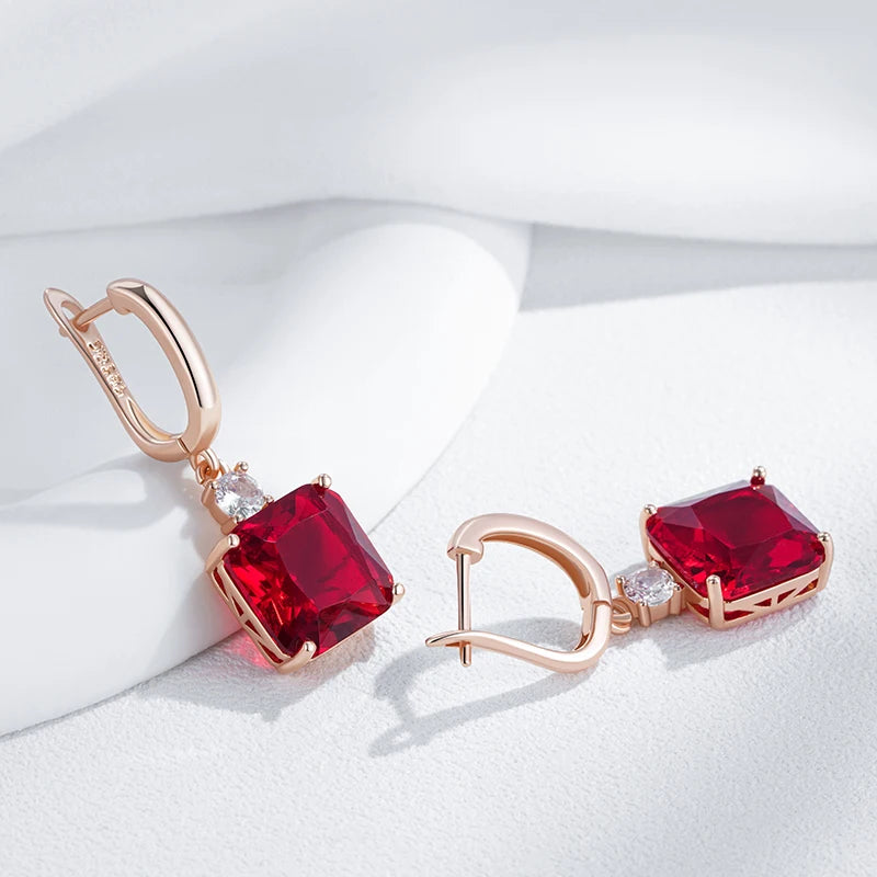 Hot Square Red Natural Zircon Dangle Earrings for Women Trend 585 Rose Gold Color Retro Accessories Daily Fine Jewelry