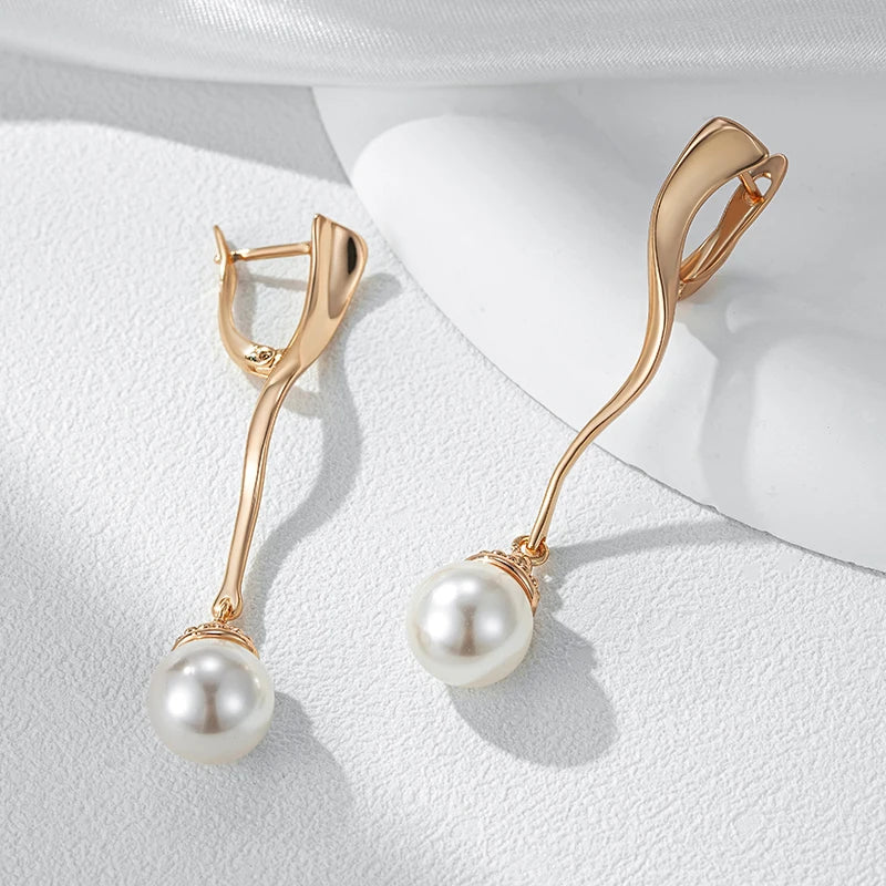 Long Wave Pearl Drop Earrings for Women Luxury 585 Rose Gold Color Accessories Party Daily Fine Jewelry