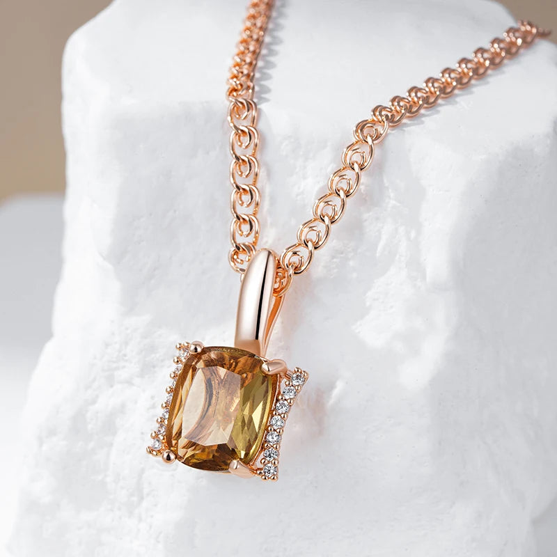 Hot Big Brown Natural Zircon Pendant Necklace for Women Fashion 585 Rose Gold Color High Quality Bride Wedding Jewelry