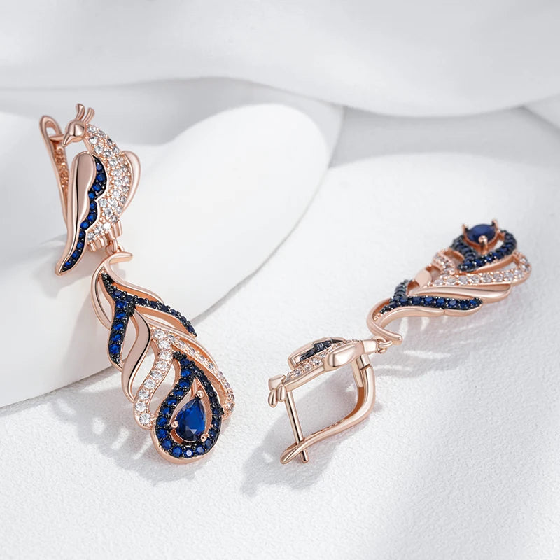 Hot Blue Natural Zircon Peacock Drop Earrings for Women 585 Rose Gold and Black Plating Vintage Animal Daily Punk Jewelry