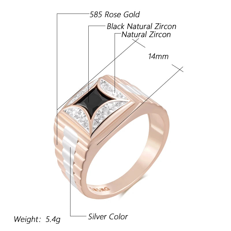 Luxury Black Natural Zircon Width Rings for Men Women 585 Rose Gold Silver Color Mix Setting Design Wedding Fine Jewelry