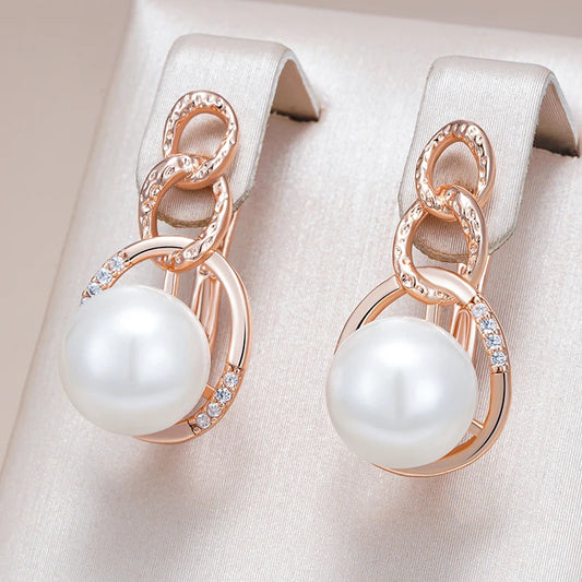  Pearl English Earrings for Women Luxury 585 Rose Gold Color with Natural Zircon Bridal Wedding Jewelry