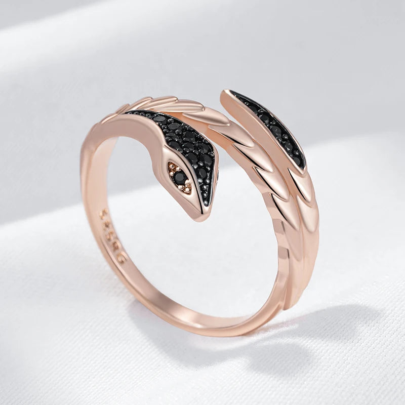 Hot Punk Black Natural Zircon Snake Ring for Women Fine 585 Rose Gold and Black Plating Vintage Daily Animal Jewelry
