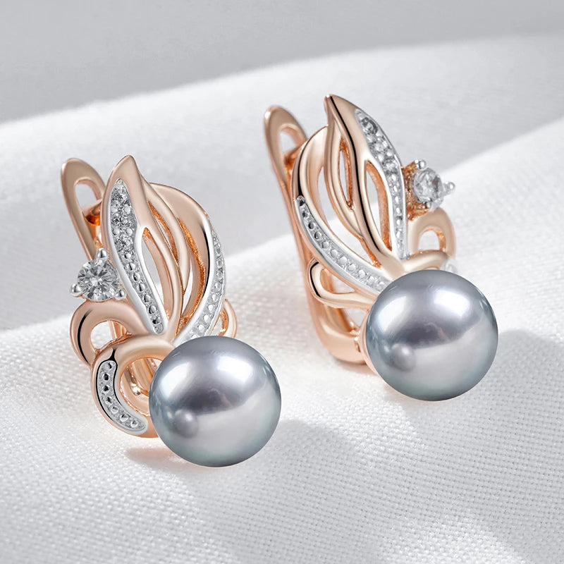 Hot Natural Zircon Flower Gray Pearl Drop Earrings for Women 585 Rose Gold Silver Color Mix Boho Ethnic Wedding Jewelry