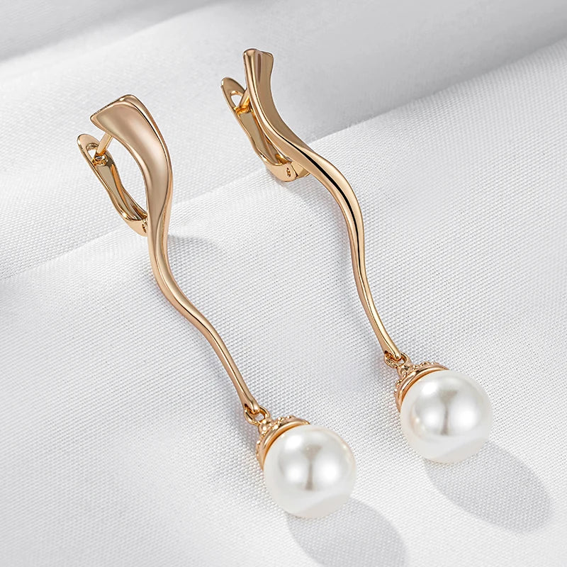 Long Wave Pearl Drop Earrings for Women Luxury 585 Rose Gold Color Accessories Party Daily Fine Jewelry