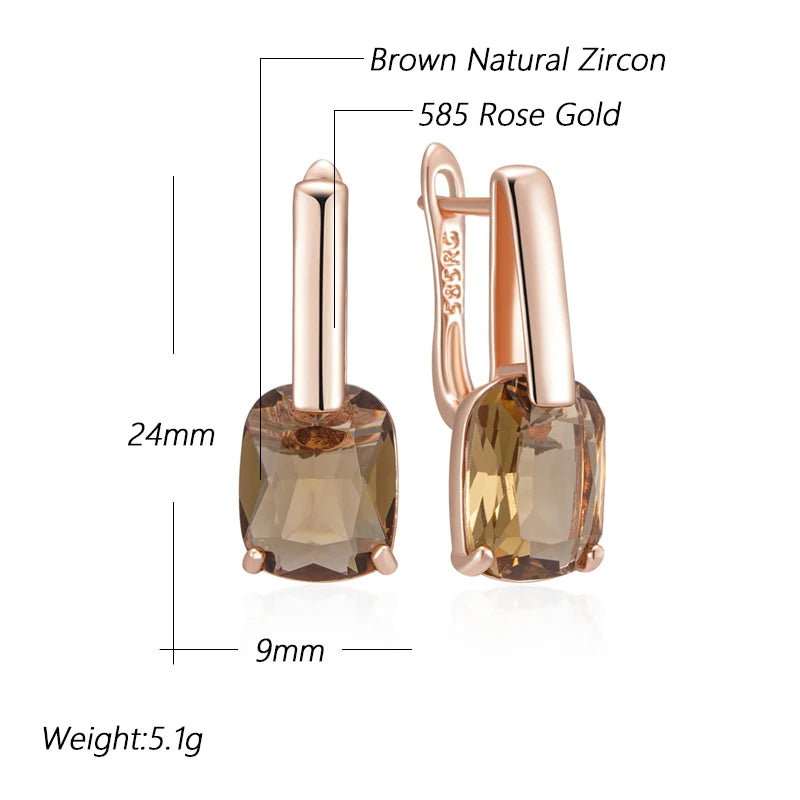 Square Brown Natural Zircon Drop Earrings for Women Fashion 585 Rose Gold Color High Quality Bride Wedding Jewelry
